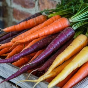 Fresh colorful carrots on a wooden table