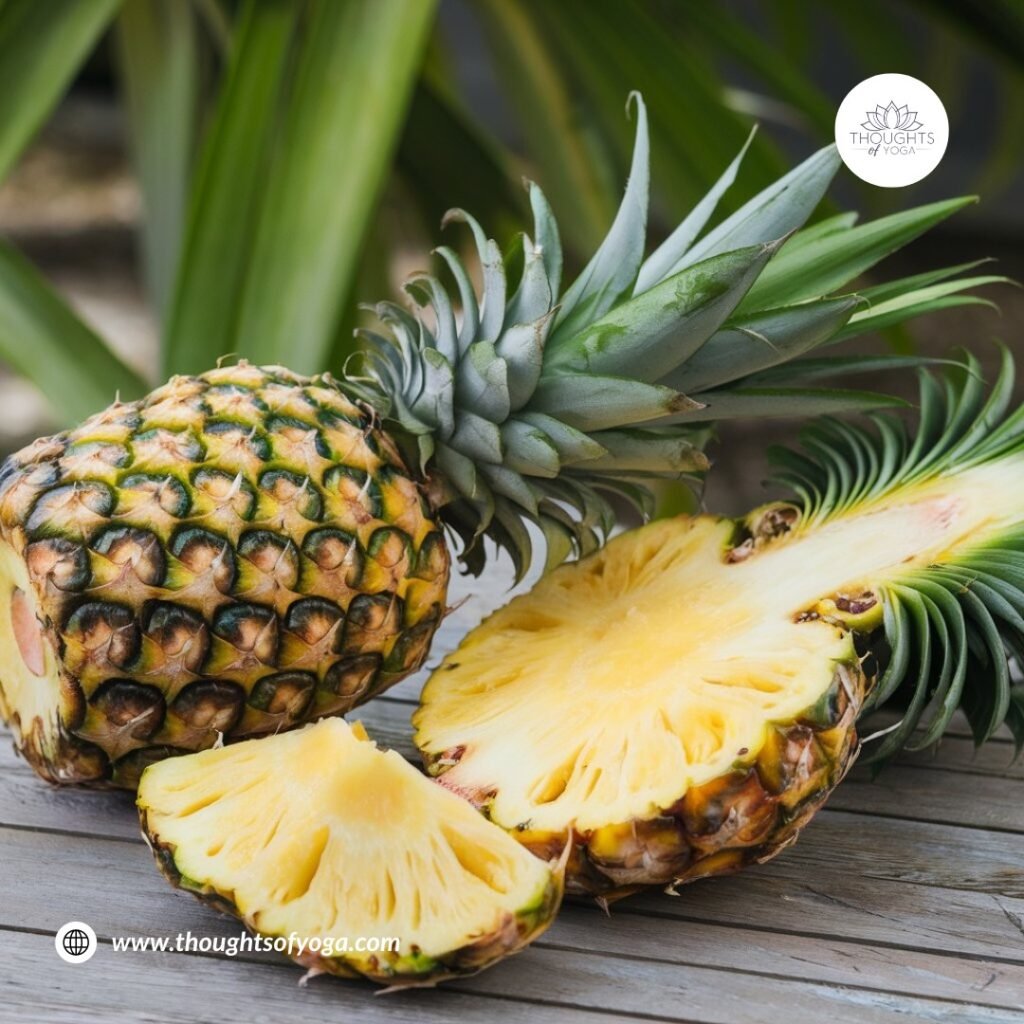 Refreshing glass of pineapple juice with fruit slices as garnis