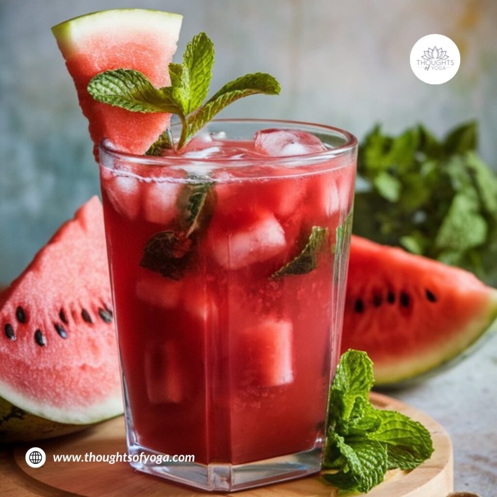 Refreshing watermelon smoothie in a glass, garnished with mint leaves