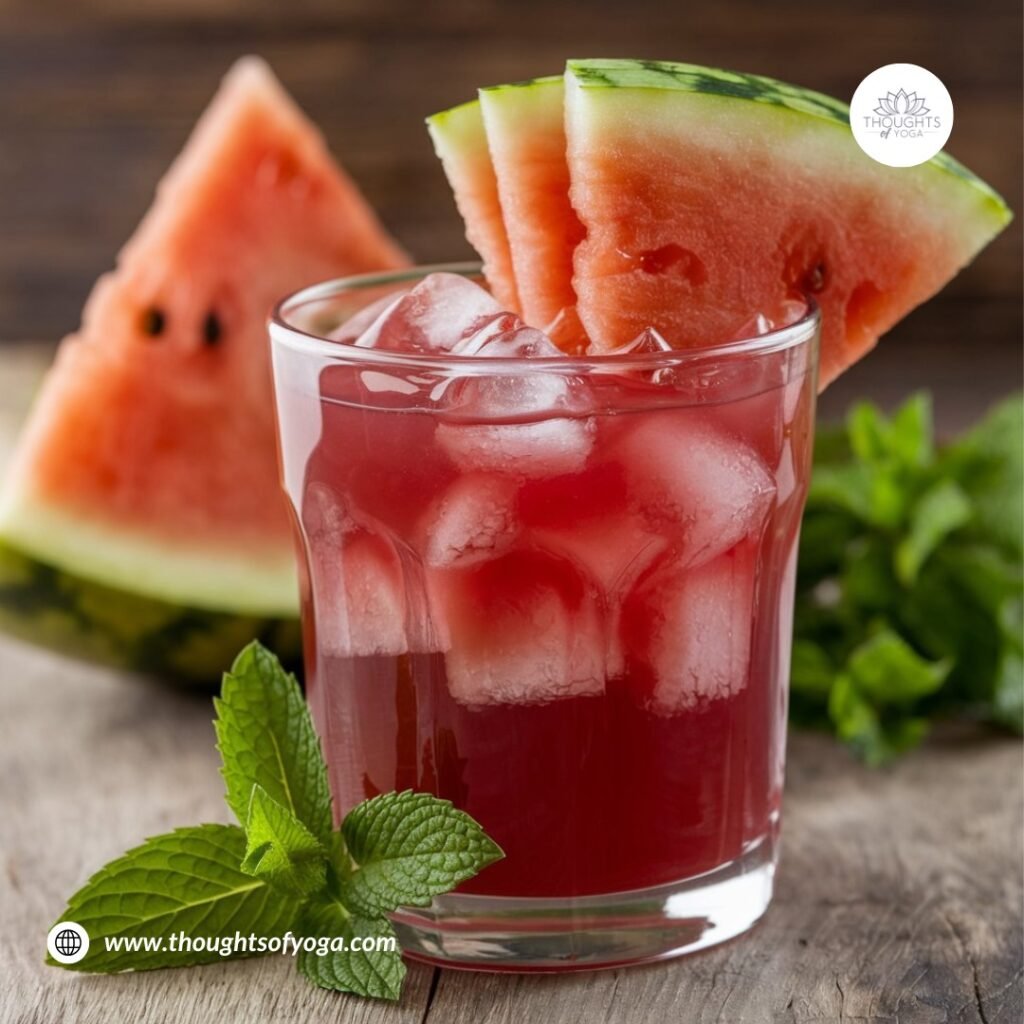 Refreshing watermelon smoothie in a glass, garnished with mint leaves