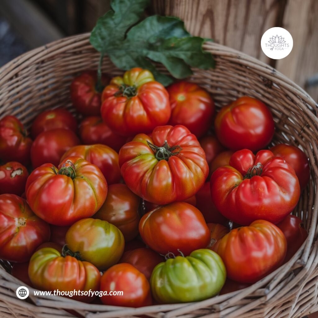 Basket of ripe organic tomatoes on a wooden table