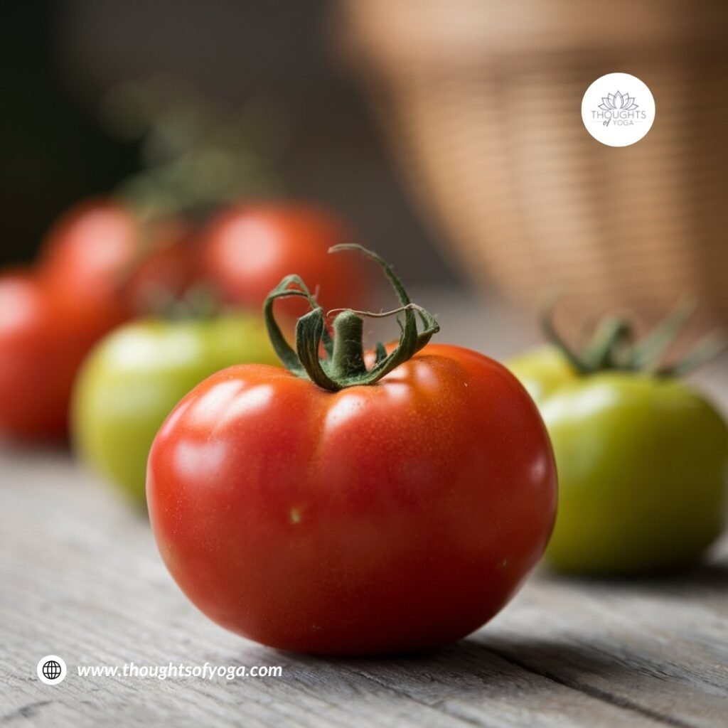 Basket of ripe organic tomatoes on a wooden table