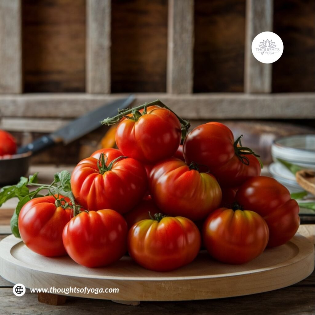 Basket of ripe organic tomatoes on a wooden table