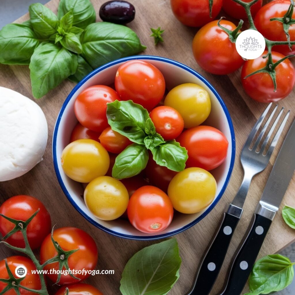 Basket of ripe organic tomatoes on a wooden table