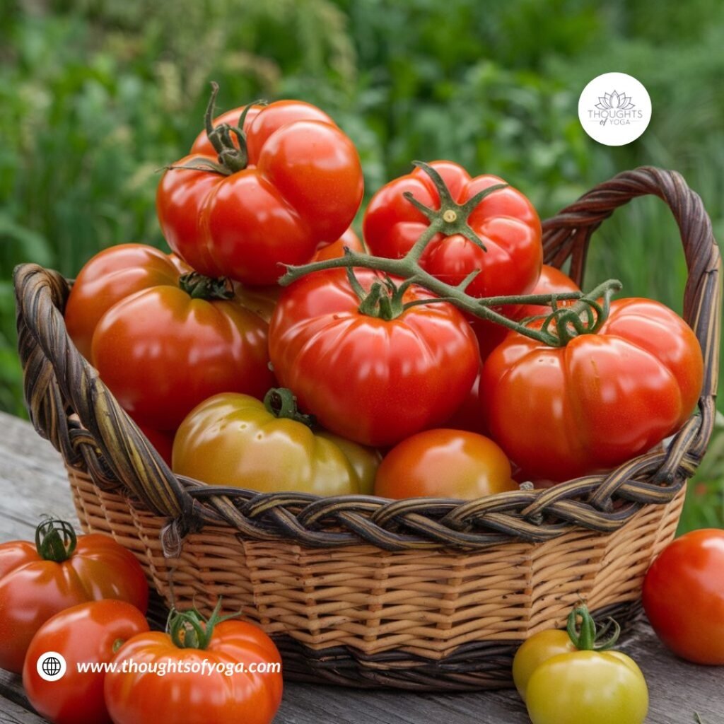 Basket of ripe organic tomatoes on a wooden table