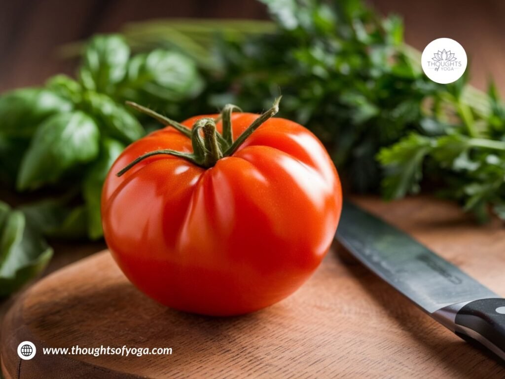 Basket of ripe organic tomatoes on a wooden table