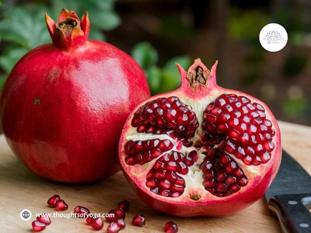 Whole and sliced pomegranate on a wooden cutting board